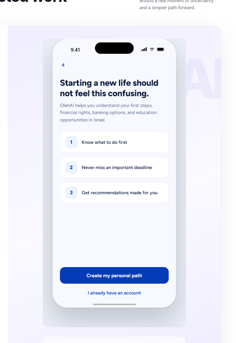 OlehAI welcome screen with first-step benefits and account actions