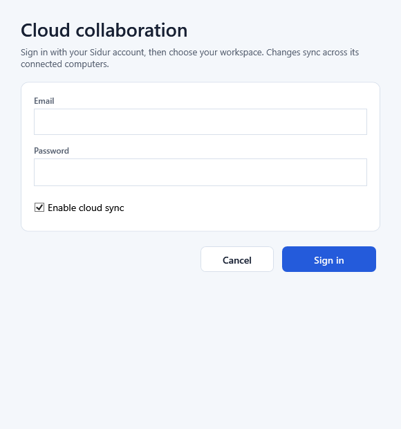 Sidur cloud sign-in dialog for an authenticated workspace